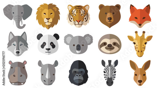 Photography Wild Animal Face Collection, Flat Vector Zoo Animals Icons, Wildlife Avatars Set