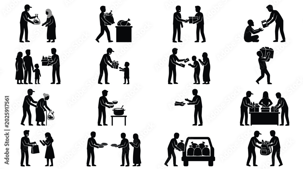 Obraz premium Set of icons illustrating charity and donation acts by community members helping others.