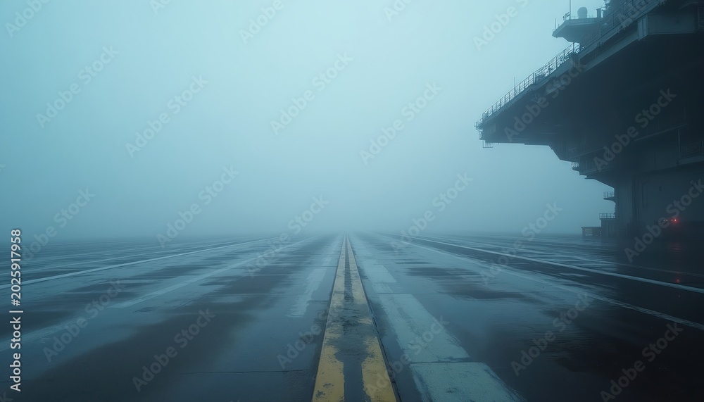 Fototapeta premium Aircraft carrier deck shrouded in fog. Wet tarmac runway stretches to horizon. Hangar structure looms ominously. Naval base in misty morning.