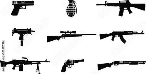 Tableau sur toile Collection of black weapon silhouettes including pistol, rifle, shotgun, grenade