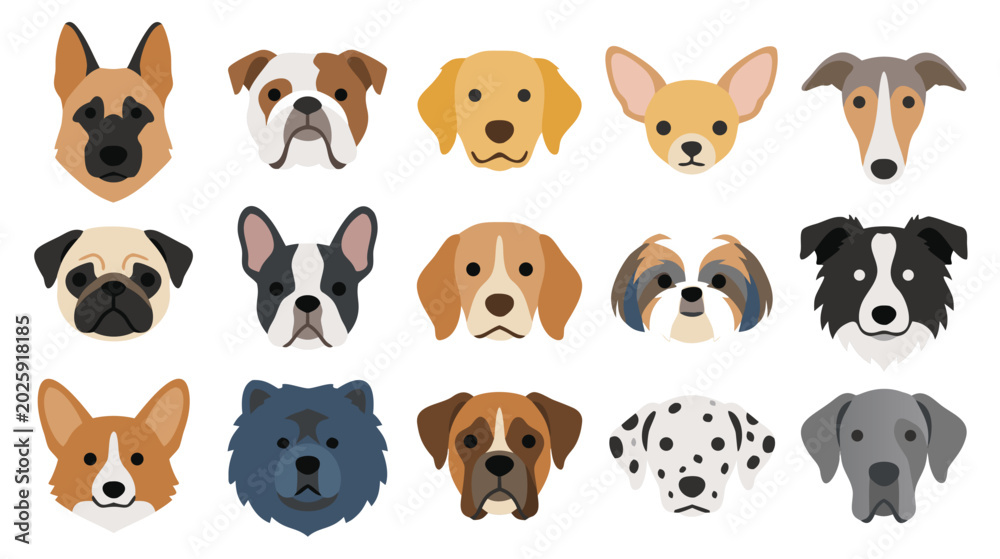 Fototapeta premium Cute Dog Faces Collection, Flat Vector Puppy Breeds Avatars, Pet Animal Icons Set