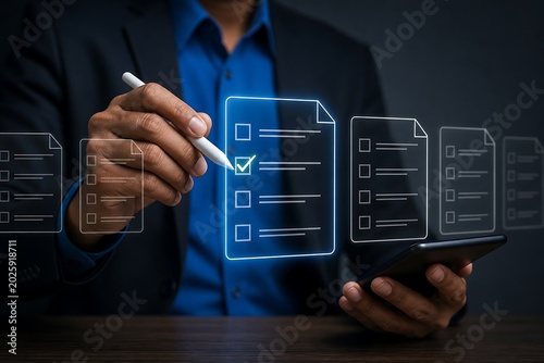 Person uses a stylus to check a box on a digital checklist displayed on a transparent screen, symbolizing task completion.