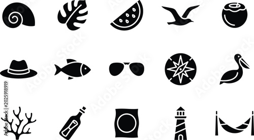 Minimalist Black and White Icon Set Showcasing Travel and Lifestyle Symbols with Bold Silhouettes minimalist design travel inspiration lifestyle icons flat design modern graphics
