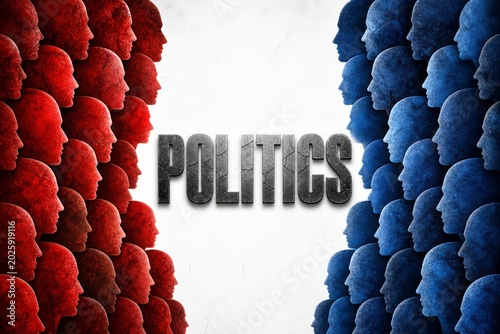 Political Divide and Polarization with Red and Blue Human Head Silhouettes.