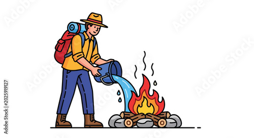 Tableau sur toile A male traveler wearing a hat and backpack pours water from a bucket to extingui