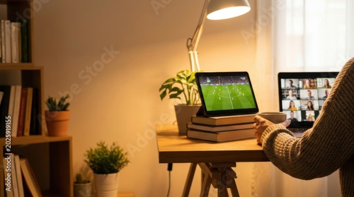 Person watching a soccer match on a tablet while participating in a video conference on a laptop