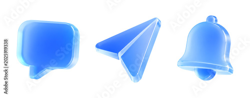 3D Translucent Blue Social Media Communication Icon Set with Speech Bubble, Paper Plane, and Notification Bell Isolated on White Background. Digital Marketing and Messaging Concept.