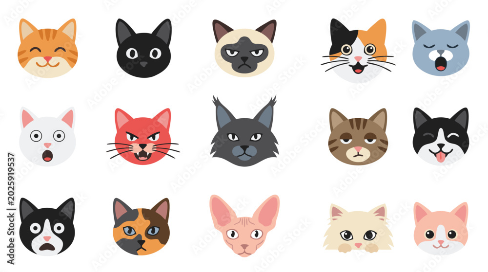 Fototapeta premium Cute Cat Breeds Face Collection, Flat Vector Kitten Expressions Set, Pet Cat Avatars