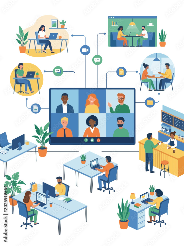 Naklejka premium Conceptual illustration of modern work, showing hybrid teams collaborating remotely and in office, connected by video calls for efficient communication and interconnectedness
