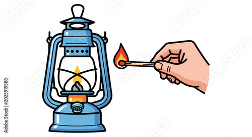 Fotografie A hand holds a burning wooden match to ignite the wick of a traditional blue met