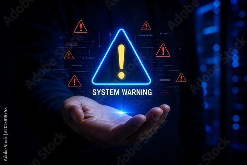 Person holds a bright blue triangle with an exclamation mark and 'system warning' text, signaling a digital alert.
