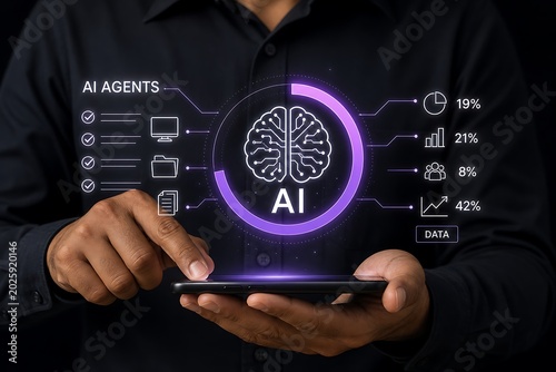 Person uses a smartphone with an ai agents interface showing a brain icon and various data analytics.