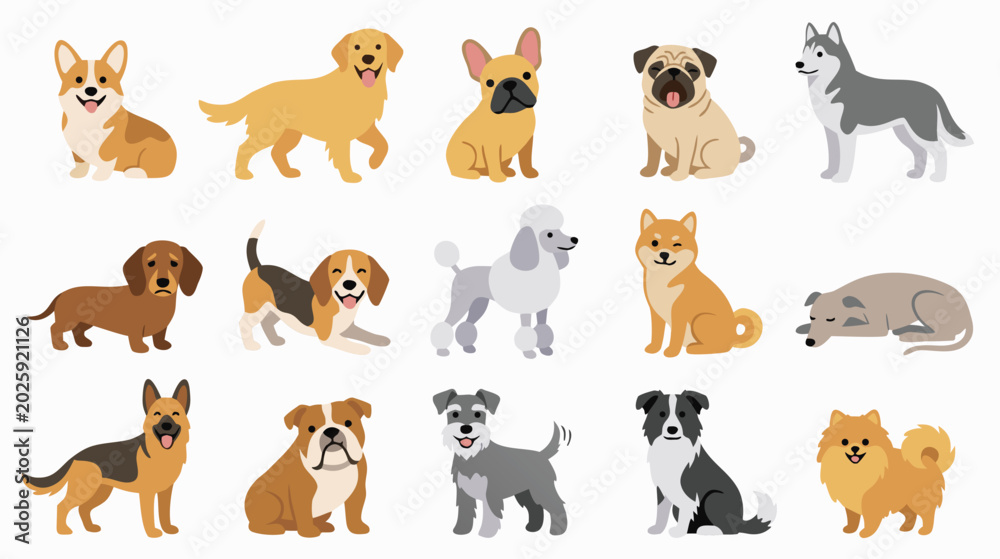 Fototapeta premium Cute Dog Breeds Collection, Flat Vector Cartoon Dogs Set, Pet Animals Illustrations