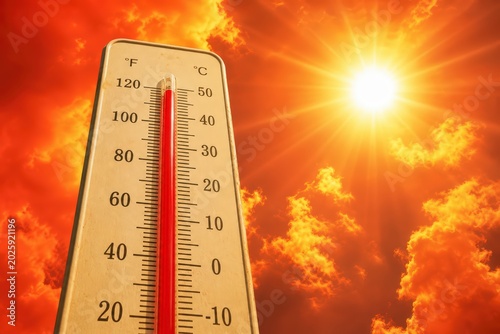 Thermometer showing high temperature with a scorching sun and fiery sky.