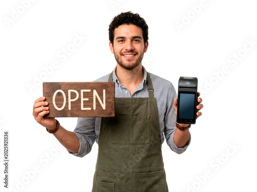 Smiling man holding an open sign and a payment terminal ready for business PNG Isolated on transparent background