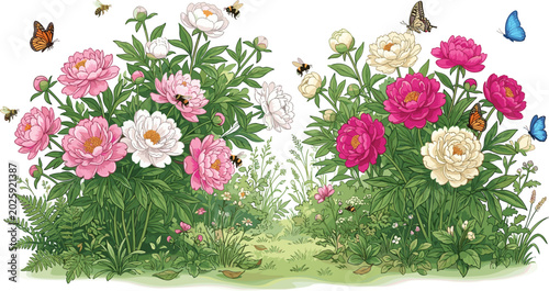 Lush garden landscape with blooming pink white peony flower bushes butterflies and flying honey bees isolated on white background for spring design vector