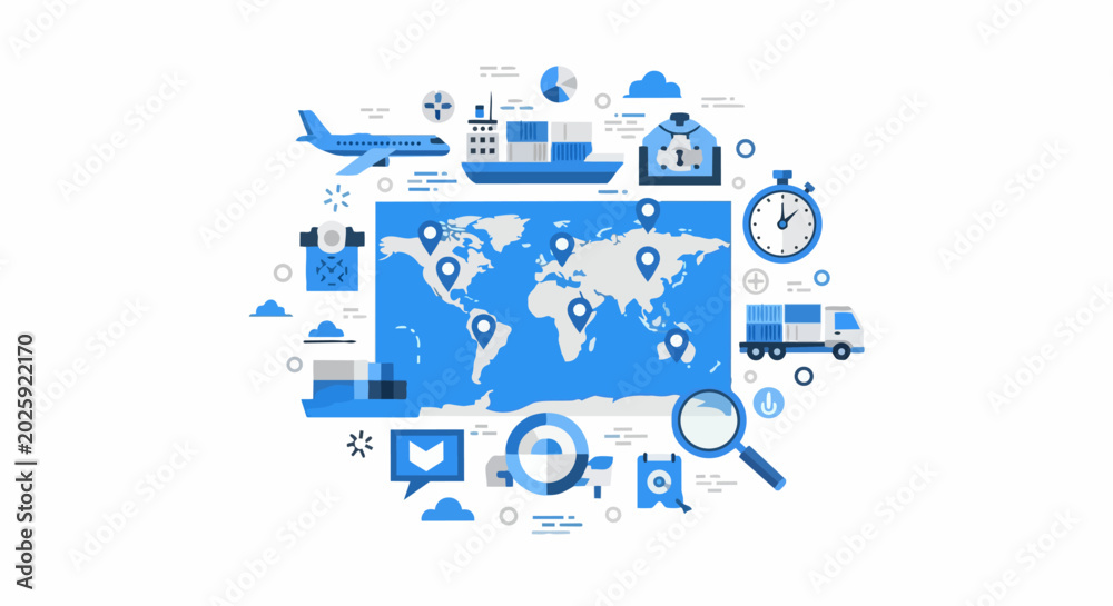 Obraz premium Global Logistics and Supply Chain Management Concept Vector Illustration. International Shipping, Transport Network, and Worldwide Distribution Infrastructure Icons.