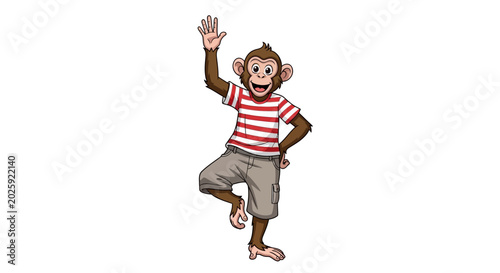 Photography Cartoon Monkey Waving Hello, Standing on One Leg, Wearing Striped Shirt and Shor