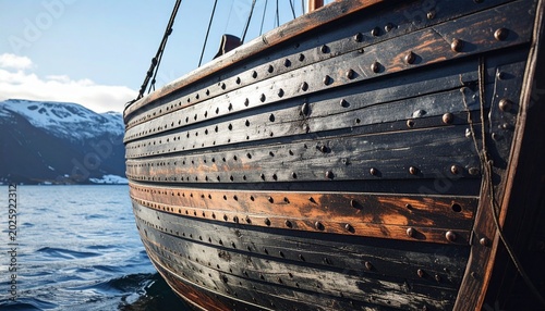 Weathered wooden boat hull with clinker lapstrake planks in coastal mountain setting