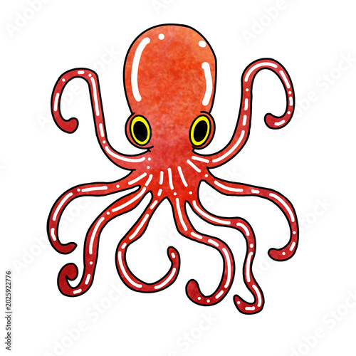 Cute orange octopus character, watercolor illustration of a friendly sea creature