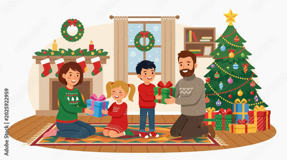 Fototapeta premium A happy family exchanges gifts in a cozy living room decorated for Christmas. A decorated Christmas tree, fireplace, and stockings complete the festive scene