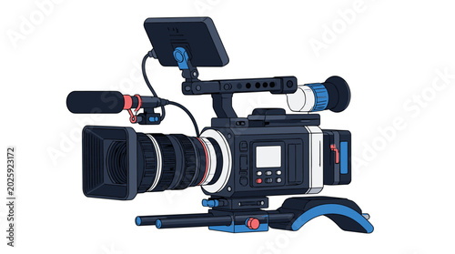 Professional video camera rig with lens monitor and accessories.
