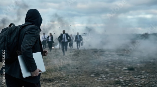 Men and women in business attire running through smoke and debris Office life