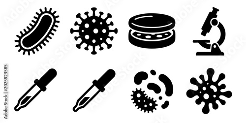 Foto Scientists examine bacteria and viruses using microscopes and pipettes in a laboratory setting with various scientific tools