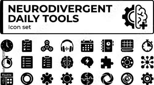 Neurodivergent Daily Tools Icon Set ADHD Autism Visual Schedule Sensory Planner Stim Focus Routine Mental Health Education Vector Illustration