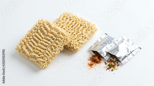 Dry instant ramen noodles and an open sachet of flavor seasoning, ready for cooking