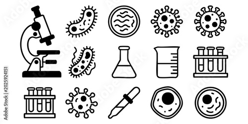 Foto Scientists examine bacteria and viruses under a microscope in a lab setting with various equipment and samples