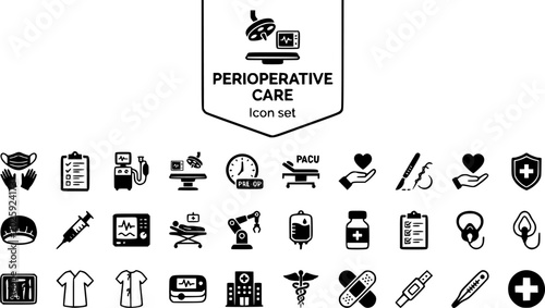 Perioperative Surgical Care Icon Set Pre Op PACU Sterile Field Anesthesia Operating Room Patient Safety Checklist Medical Education Vector Illustration