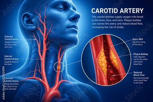 Carotid Artery Disease Medical Illustration with Plaque Buildup and Blood Flow.