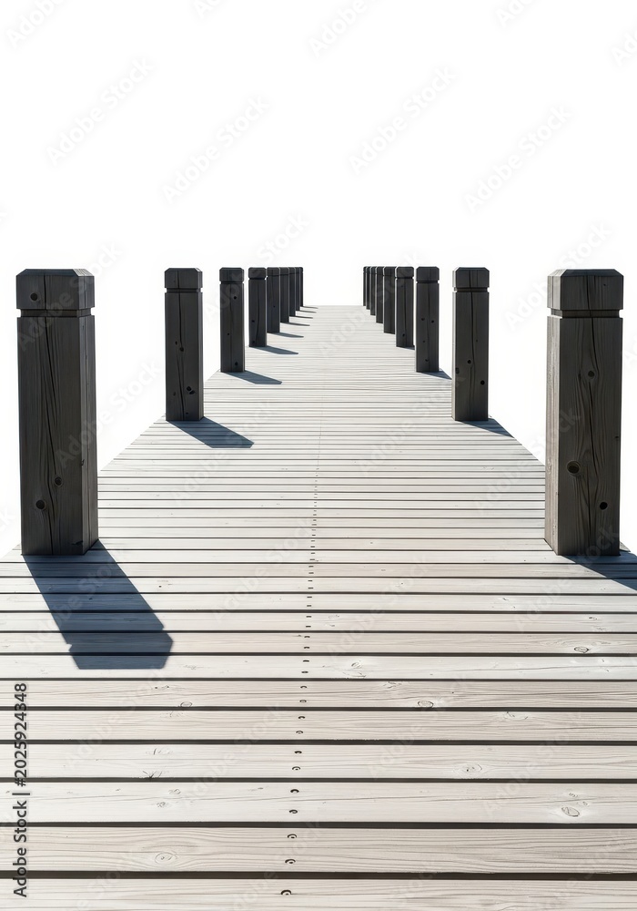 Fototapeta premium Wooden Pier Boardwalk Isolated on White Background - Perspective View of Empty Jetty with Posts