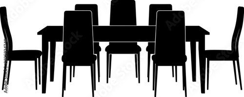 Dining table and chairs silhouette set, furniture interior design illustration, black home kitchen room, restaurant cafe meeting isolated vector icon.

