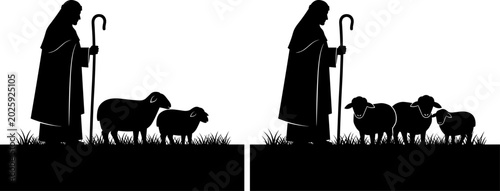 Cuadro en lienzo Silhouette of shepherd with crook standing in pasture with sheep, biblical Jesus good shepherd, religious christmas nativity scene, livestock farming, pastoral