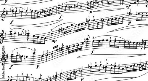 Classical musical notation sheet music background featuring black notes on white staves, perfect for artistic, acoustic, and orchestral design projects.

