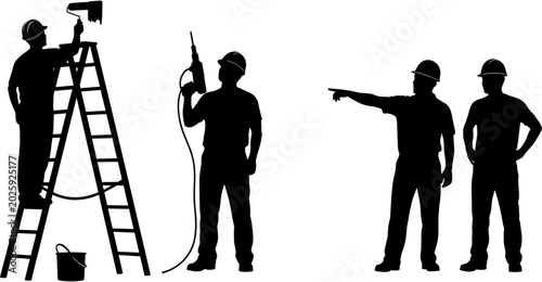 Foto Silhouette of construction workers using ladder and tools, foreman giving instructions, professional building team working together on an industrial site