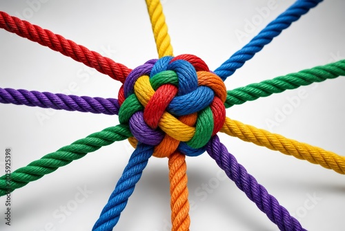 Colorful Ropes Tied Together in a Complex Knot Representing Unity and Teamwork.