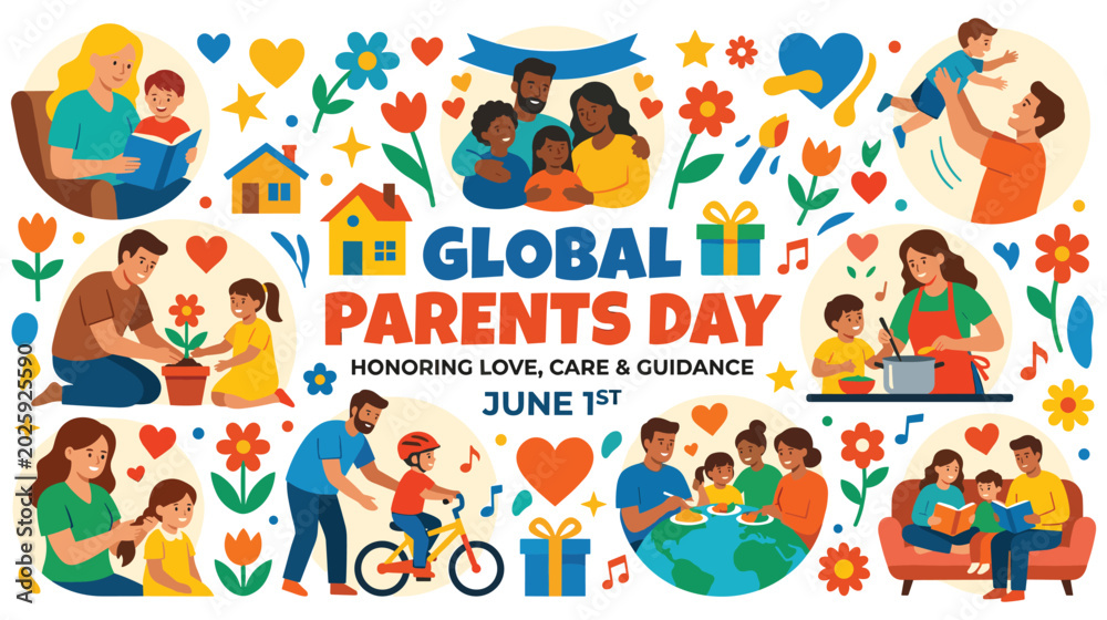 Naklejka premium Global Parents Day honoring love care and guidance with family activities.