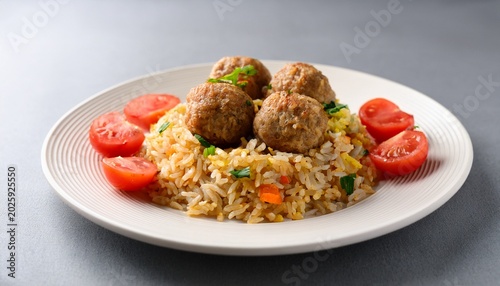 indonesian fried rice with meatballs tomato slices and garnish on a white plate shot from a side view for delicious presentation