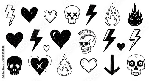 Edgy rock and punk themed doodle art set featuring skulls hearts lightning bolts and flames in a hand drawn marker sketch style lightning alternative illustration collection