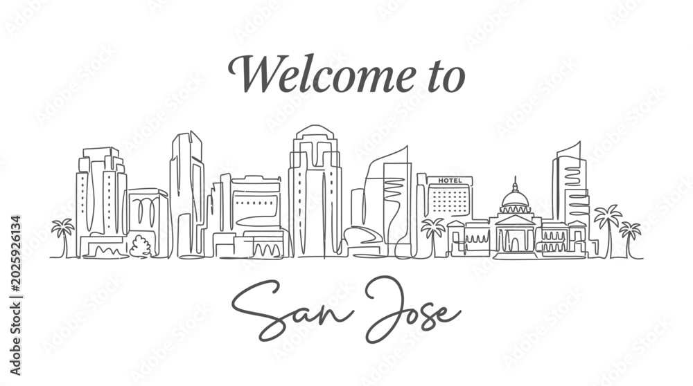 Fototapeta premium Welcome to San Jose Cityscape Line Art Illustration