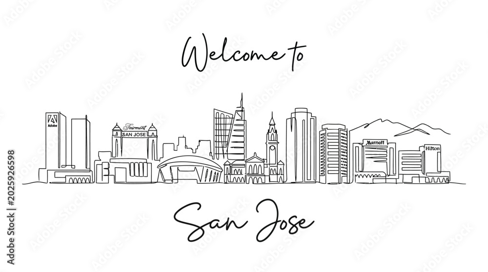 Fototapeta premium San Jose California Skyline Line Art Illustration