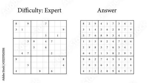 Tableau sur toile Sudoku puzzle with expert difficulty and corresponding answer grid