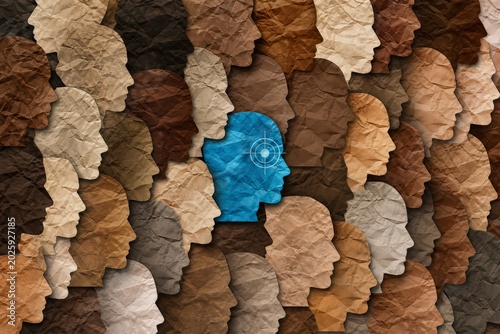 Diverse Crowd with Unique Blue Head Standing Out.