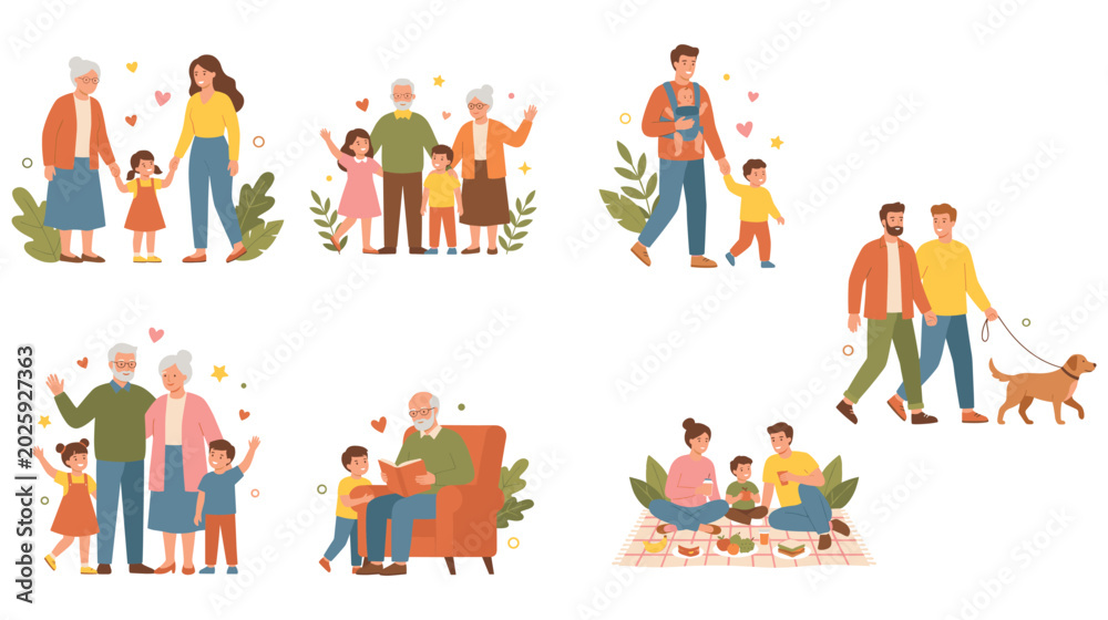 Fototapeta premium Diverse family portraits with grandparents parents and children scene.
