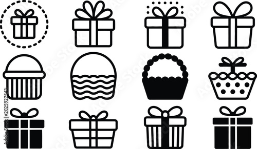 Fotografía Gift, basket icon with black hamper silhouette and present boxes with bows, vector illustration for birthday holiday Christmas and giveaway celebrations
