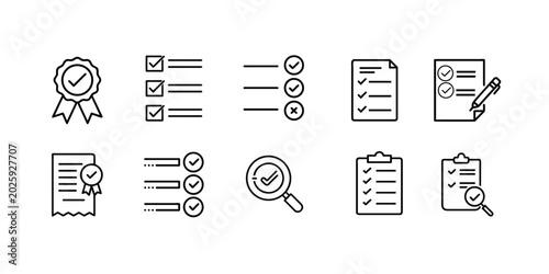 Photography Checklist checkmark evaluation web line icons set verified guarantee ribbon task