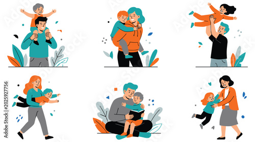 Valokuva Collection of parents playing and bonding with their children vector